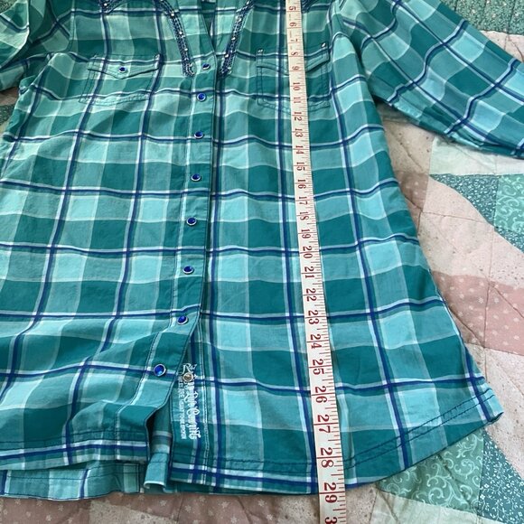 Y2K Rock 47 by Wrangler Pearl Snap Shirt Womens M Blue Plaid 2000s Western - Picture 6 of 7